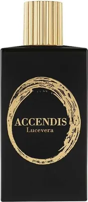A black perfume bottle with a gold cap and a gold circular design on the front.