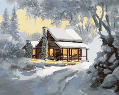 Produktbild von Zuty - Malen nach Zahlen - VERSCHNEITES BLOCKHAUS IN DER MORGENDÄMMERUNG (D. RUSTY RUST), 40x50 cm, ohne Keilrahmen