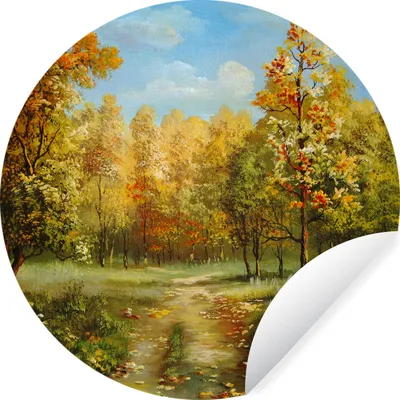 Produktbild von MuchoWow® Runde Wandtattoo - Wandsticker Tapete Aufkleber Eine Illustration von herbstlichen Bäumen in einem Wald Ø 80 cm Selbstklebend und Repositionierbar - Wandaufkleber - Kreis - Mauerkreis - Wand Bilder - Wandsticker - Wohnzimmer Dekoration - Dekoration für die Wände - Aluminium - Babyzimmer