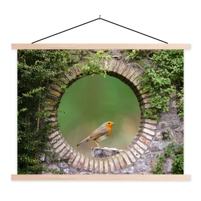Produktbild von MuchoWow® Textilposter Vogel - Durchblick - Rotkehlchen 120x90 cm mit holzfarbenen Rahmen - Magnetisch