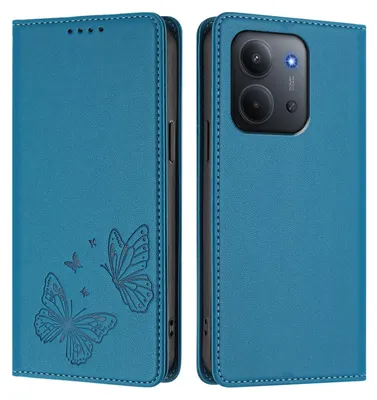 Produktbild von Lederhülle für Xiaomi Redmi 15C 5G/4G, Schmetterling Prägung Leder Brieftasche Schutzhülle mit Ständer Blau