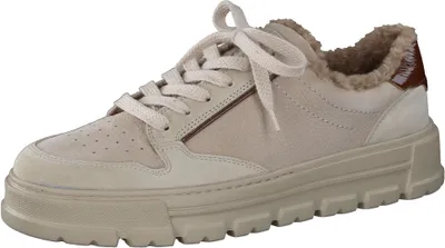 A single beige sneaker with brown accents and a fuzzy lining is shown against a white background.