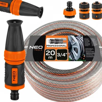 Produktbild von NEO TOOLS Gartenschlauch Set 20m 3/4 Zoll, 6-lagig Profi Bewässerungssystem mit Spritze & Anschlüssen, Anti-Twist, UV-beständig