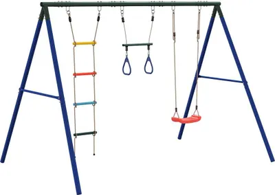 A swing set with a ladder, trapeze, and swing seat against a white background.