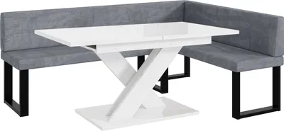 Produktbild von MEBLINI Eckbank für Esszimmer mit ausziehbarem Tisch  - Küchenbank - Essecke - Sitzecke Küche - TONI - U-Beine 142x196x87cm Rechts - Grau Samt/B Weiß Hochgl.
