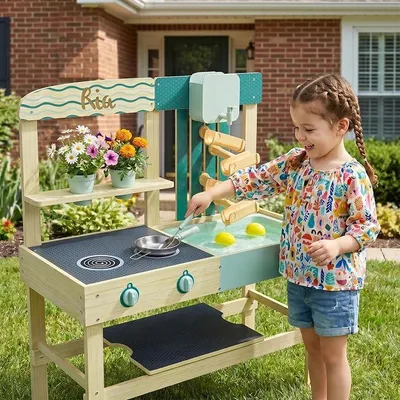 Produktbild von Personalisierbare Matschküche Kinder Outdoor mit Wassertank & Zubehör aus Holz – Gartenspielzeug Kinder ab 3 Jahre, Outdoor Spielzeug mit Wasserbahn, Matschküche Zubehör