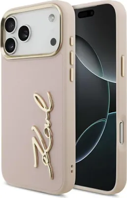 A pink iPhone case with a gold script logo is shown next to an iPhone.