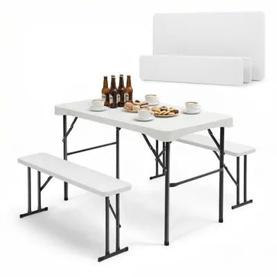 Produktbild von Sekey Bierzeltgarnitur Klappbar 3-teilig 110cm Tisch+2xBänke Festzeltgarnitur, Weiß
