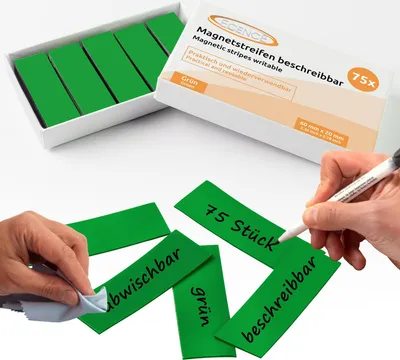 Obrázek produktu pro ECENCE 75 magnetické proužky k popisu – 60 × 20 mm, zelené – samolepicí proužky k oříznutí – omyvatelné
