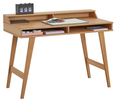 Produktbild von Schreibtisch LUNA mit 2 offenen Fächern, Arbeitstisch aus Massivholz in Eiche farben, Bürotisch mit konischen Füßen, Computertisch mit Aufsatz