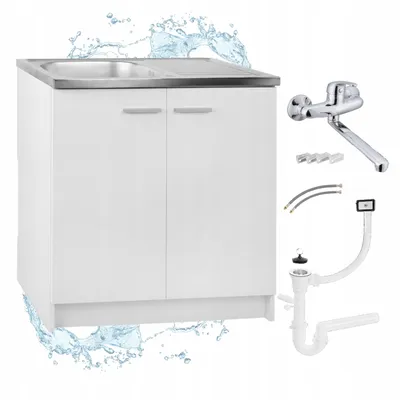 A white kitchen cabinet with a sink and faucet, along with plumbing accessories, is shown against a white background with water splashes.