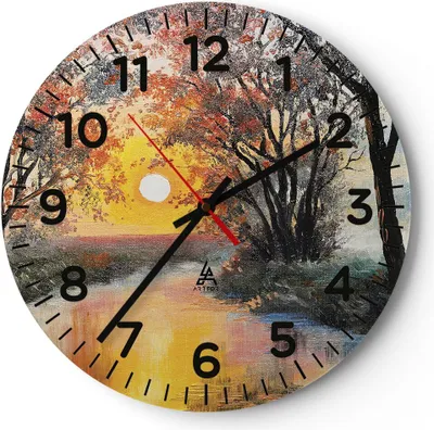 Produktbild von Wanduhr - Rund - Glasuhr - Fluss Sonne Bäume - 40x40cm - Schleichendes Uhrwerk - Lautlos - zum Aufhängen bereit - Dekoration Modern - Wanddekoration aus Glas - C4AR40x40-4190