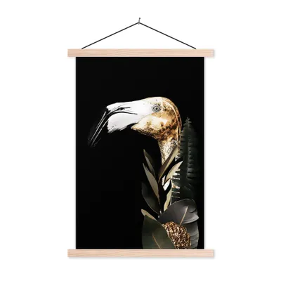 Produktbild von MuchoWow® Textilposter Porträt - Flamingo - Blätter 120x180 cm mit holzfarbenen Rahmen - Textil-Plakat