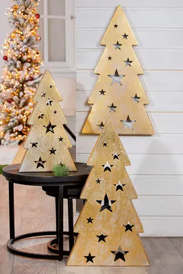 Immagine prodotto di Gilde Dekoobjekt, Tannenbaum, "Starry", Sternmuster, Metall, goldfarben, VE 1, L. 11 cm, B. 38.5 cm, H. 67 cm 69817 4063387698174