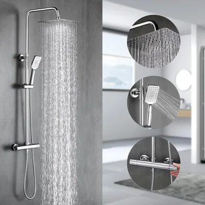 Produktbild von Duschsystem mit Thermostat, Regendusche, Duschkopf aus Edelstahl 304, Duscharmatur Komplettset inklusive Duschthermostat, verstellbare Wandhalterung