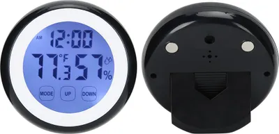 Obrázek produktu pro Dotykový digitální elektronický budík pro domácnost kulatého tvaru s displejem teploty a vlhkosti