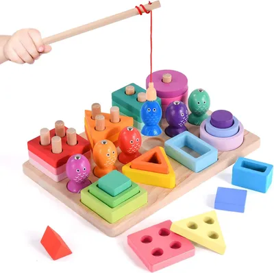 Produktbild von Montessori-Spielzeug ab 1 Jahr – Holzspielzeug & Stapelspielzeug – 3-in-1: Farberkennungs- und Formsortierspielzeug