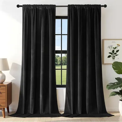 Produktbild von Verdunkelungsvorhänge Samt Thermo-Komplettset 2 Stück Schwarz 240x140 cm