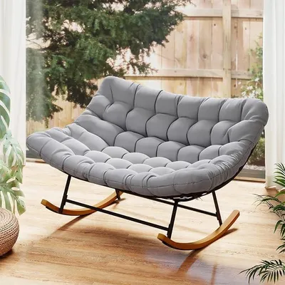 Image de Fauteuil balancier d'extérieur pour 2 personnes, fauteuil à bascule avec coussin épais | Fauteuil de relaxation XXL supportant jusqu'à 320 kg, idéal pour balcon, jardin et salon, couleur gris clair