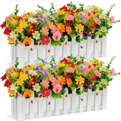 Image de Fleurs artificielles – marguerites multicolores en pot avec motif de clôture, pour la maison, le bureau ou la décoration de mariage, lot de 2