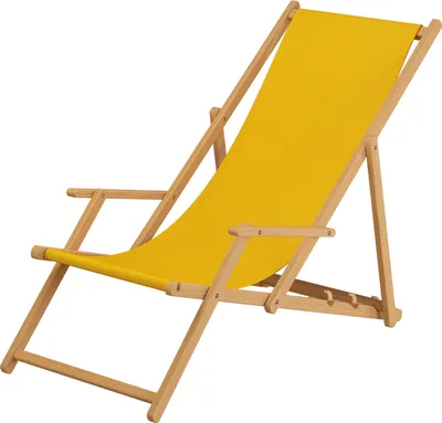 A yellow deckchair made of wood, shown on a white background.