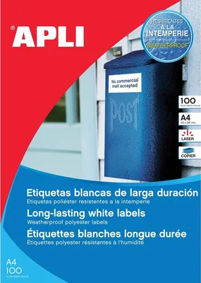 Produktbild von Apli – Wetterfeste Etiketten, 210 x 297 mm (B x H), 100 Stück, 1 pro Blatt, Karton mit 100 Blatt