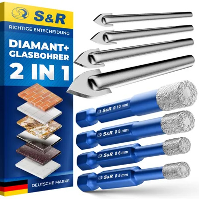 Produktbild von S&R Diamantbohrer Set 8-tlg, 4 x Diamant-Bohrer 5, 6, 8, 10 mm, 4 x YG8 Karbid Hartmetall-Bohrer 4, 5, 6, 8 mm, für Harte Keramik, Fliesen, Granit, Glas, Porzellan, Marmor, Feinsteinzeug, in Rundbox
