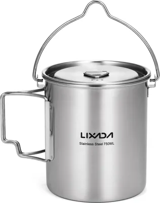 Obrázek produktu pro 750 ml nerezový hrnec Přenosný hrnek na vodu s víkem a skládací rukojetí Outdoorové kempování Vaření Piknik
