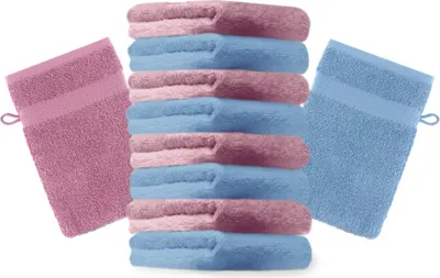 Produktbild von Betz 10 Stück Waschhandschuhe 16x21 cm PREMIUM 100% Baumwolle  Farbe: hellblau und altrosa