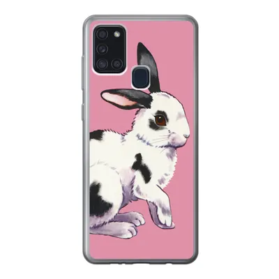 Produktbild von MuchoWow® Handyhülle Schutzhülle Hülle für Samsung Galaxy A21s Kaninchen mit rosa Hintergrund Silikon Softcase Handy Hülle - Hartschale