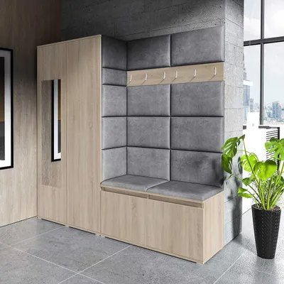 Produktbild von Garderoben-Set "CLEO", Moderner Kleiderschrank mit Polsterplatten und Schuhschrank – Ideal für Flur und Eingangsbereich (Sonoma Eiche, Trinity 15)