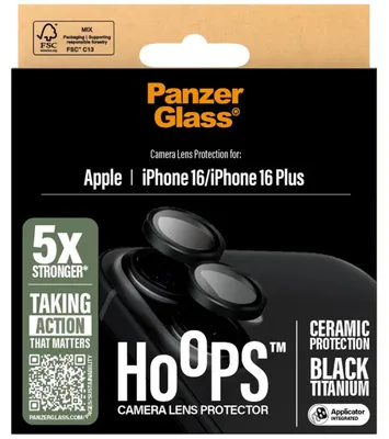 Produktbild von PanzerGlass ® Hoops® Ceramic Kameraschutz iPhone 16 | 16 Plus, Apple, Apple - iPhone 16, Apple - iPhone 16 Plus, Trockene Anwendung, Kratzresistent, Schockresistent, Schwarz, 1 Stück(e)