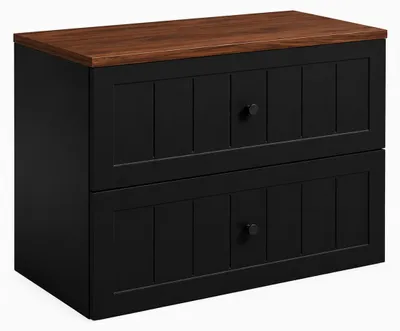 Obrázek produktu pro Závěsná skříňka do koupelny, rozměry 80 x 46 x 58,6 cm, s zásuvkami, korpus v černé barvě a deska z ořechového dřeva, Obrázek vytvořený pomocí AI