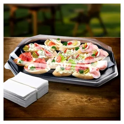 Produktbild von 10 ovale Cateringplatten aus rPET in Schwarz, 45 x 30,2 cm