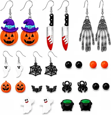 Immagine prodotto di Orecchini a tema Halloween, 13 paia, con diversi design, ideali per feste a tema