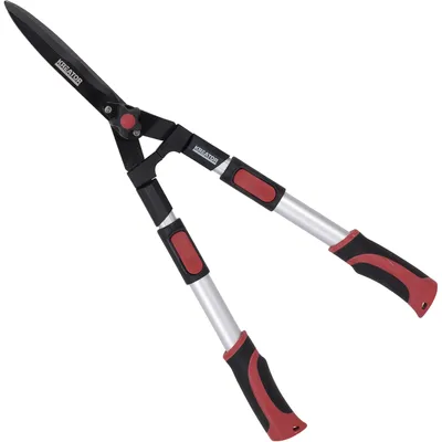 A pair of hedge shears with telescopic handles against a white background.
