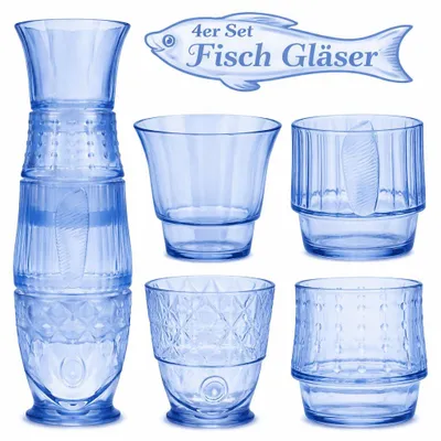 Produktbild von 4 Trinkgläser Fisch Form Gläser Set Wassergläser Wasserglas Trinkglas Blau 730ml