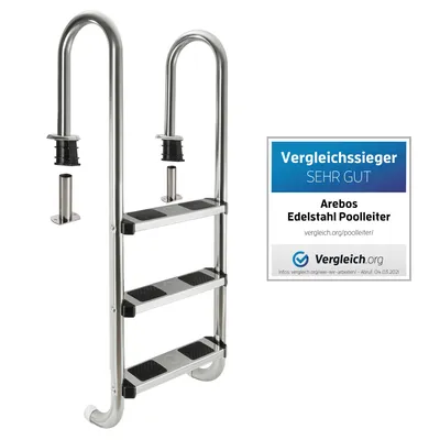 Produktbild von AREBOS Edelstahl Poolleiter | inkl. Kunststoffbolzen, Flanschrohr & Montagematerial | 2 Montagemöglichkeiten | Einbauleiter 3 Stufen Silber