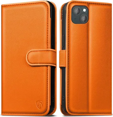 Produktbild von iPhone 14 Handyhülle mit Panzer Schutzglas, RFID Blocker, Kartenfächer, Standfunktion - Orange