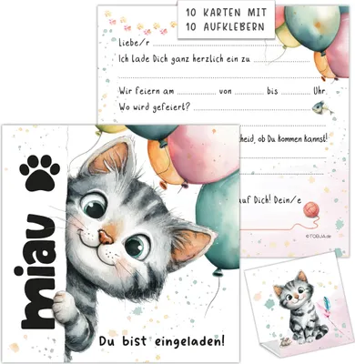 Produktbild von XXL Einladungskarten Kindergeburtstag Katze 10er Set 14,8x14,8cm inkl Sticker + Klebepunkte