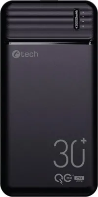A black power bank with branding and specifications printed on it, set against a white background.