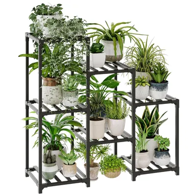 Produktbild von Bamworld Pflanzenregal Innen Außen Blumenständer Holzpflanzenständer für 7 Ebenen Terrasse Balkon Garten Gartenarbeit Muttergeschenke (Schwarz)