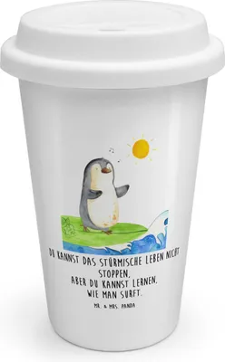 Produktbild von Mr. & Mrs. Panda Kaffeebecher To Go Pinguin Surfer - Weiß - Geschenk, ToGo, Becher, Portugal, Thermobecher, Thermokaffeebecher, Motiviert, Urlaub, Optimistisch, Hawaii