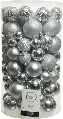 Produktbild von Weihnachtskugeln Kunststoff Mix 4-8cm silber, 100er Set