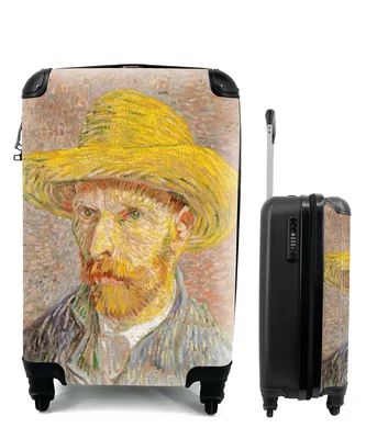 Produktbild von MuchoWow® Koffer Handgepäck Trolley Rollkoffer Kleine Reisekoffer mit 4 Rollen - Selbstbildnis mit Strohhut - Vincent van Gogh - Cabin Size < 55x40x23 cm & 55x40x20 cm - Fotokoffer - Kabinenkoffer - Boardgepäck - Reise-Box - Reisekoffer - Reisegepäck - Koffer mit Bild - Trolley für Kinder