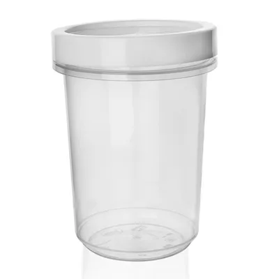 A clear plastic container with a white lid, isolated on a white background.
