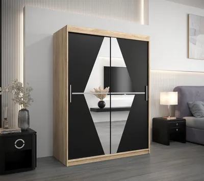 Produktbild von Kleiderschrank mit Spiegeln TATANA – Breite 150 cm, Sonoma-Eiche / Schwarz
