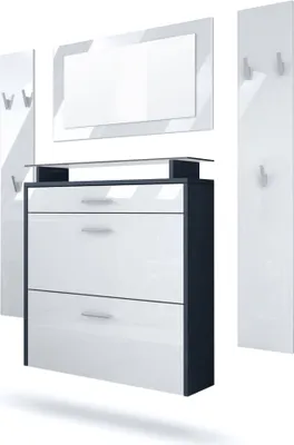 Produktbild von Vladon Garderobe Malea, Garderobenset bestehend aus 1 Hängeschuhschrank, 1 Wandspiegel und 2 Garderobenpaneele, Anthrazit matt/Weiß Hochglanz