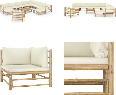 Produktbild von vidaXL 12 tlg. Garten Lounge Set mit Cremeweißen Kissen Bambus - Garten-Lounge-Set - Garten-Lounge-Sets - Gartenmöbel - Gartenmöbel-Set