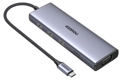 Image de Hub Ugreen USB-C CM498 9 en 1 3x USB-A 3.0 + 1x HDMI + 1x VGA + 1x RJ45 Gigabit + SD/TF Gris